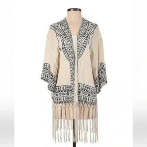 Flying Tomato | Western Aztec Tan & Black Bohemian Kimono w/ Fringe Size S Small